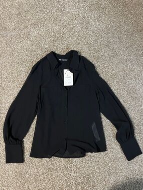 Zara Black Button-Front Blouse with Cuffed Sleeves